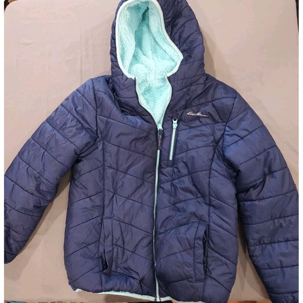 Eddie Bauer Puffer Coat Large (Size 14/16) Girls Reversible Blue Teal Logo *read